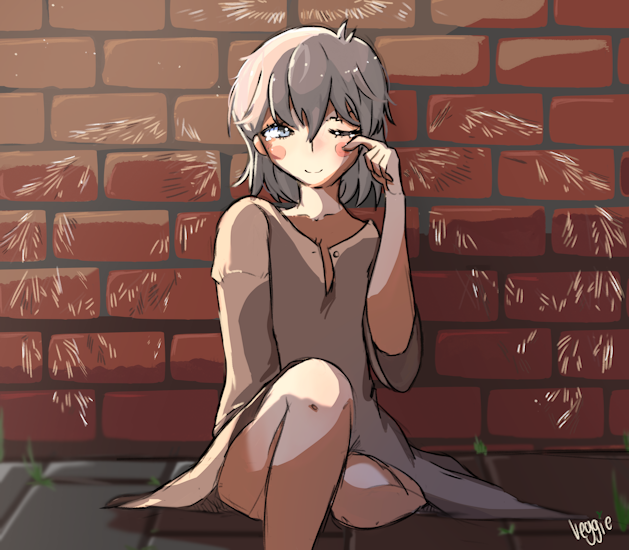 azrael sitting against a brick wall, wings and a halo scratched into the bricks behind him.